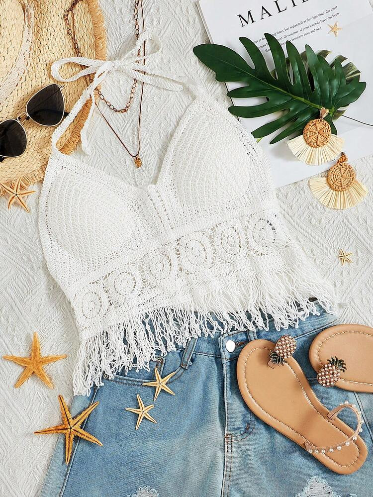 Fringe Hem Tie Backless Halter Cover Up | SHEIN