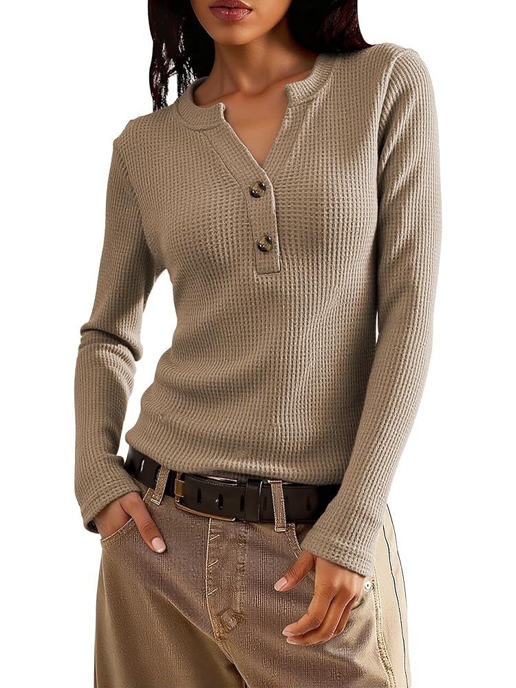 Jar of Love Women's Waffle Knit Tops Long Sleeve Shirts Henley Tops V-Neck Button Down Thermal Sh... | Amazon (US)