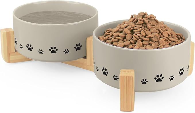 Ptlom Ceramic Pet Bowls for Dogs and Cats, Raised Dog Food and Water Bowl Set with Anti-Slip Wood... | Amazon (US)