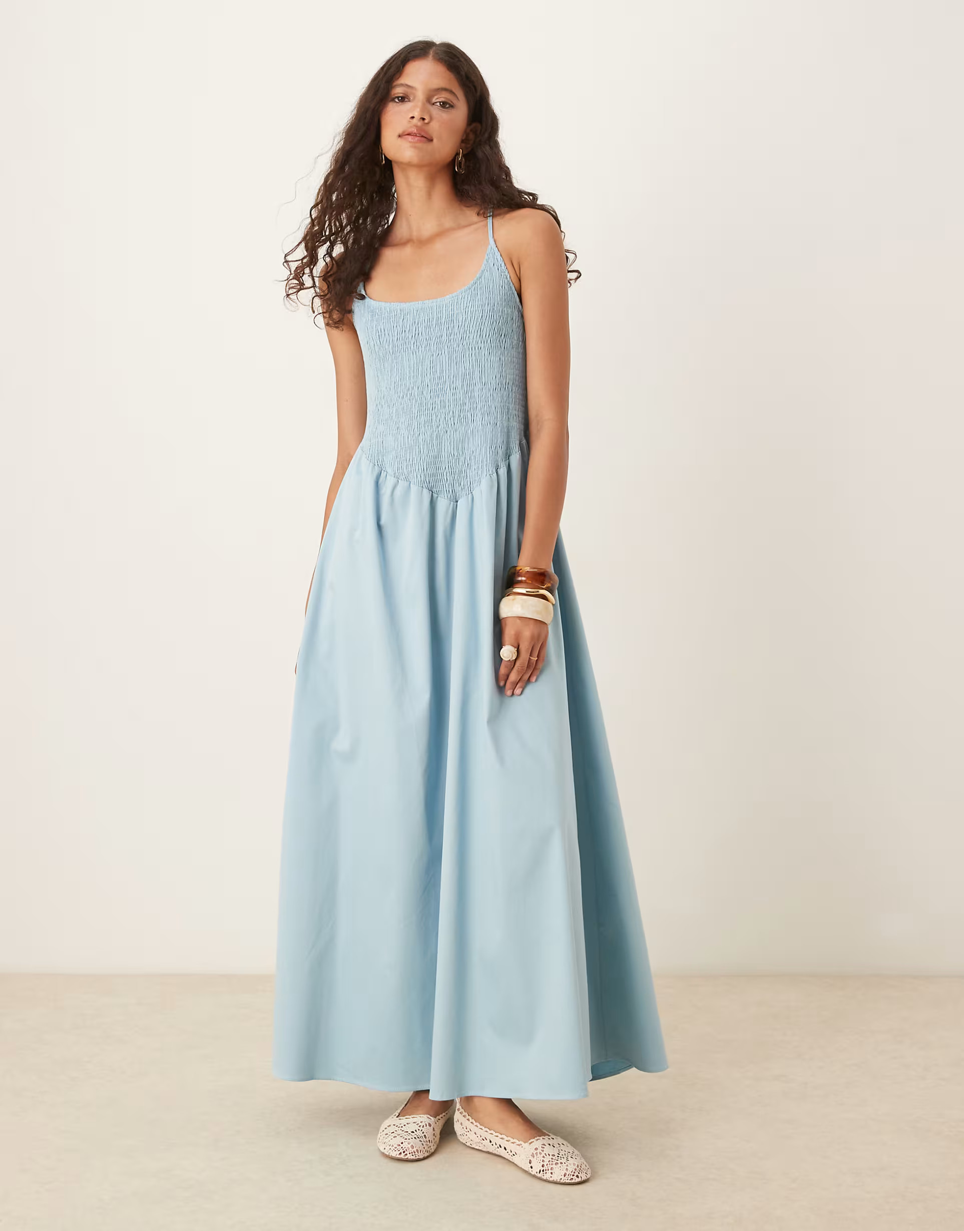 ASOS DESIGN scoop neck crinkle maxi dress with cross back in steel blue | ASOS (Global)