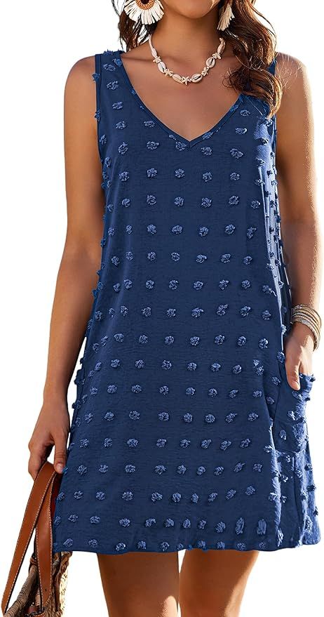AI'MAGE Women Beach Coverups Swiss Polka Dot Bathing Suit Cover Up Sleeveless V Neck Dress with 2... | Amazon (US)