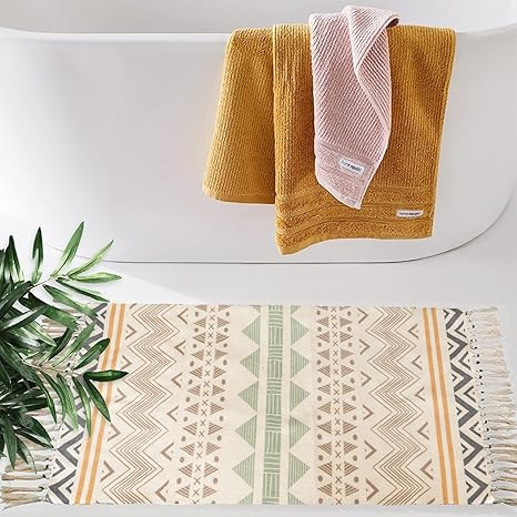 Boho Bathroom Rug, 2'x 3', Laundry Room Small Tassel Mat , Colorful Geometric Waves Printed Woven... | Amazon (US)