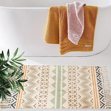 Boho Bathroom Rug, 2'x 3', Laundry Room Small Tassel Mat , Colorful Geometric Waves Printed Woven... | Amazon (US)