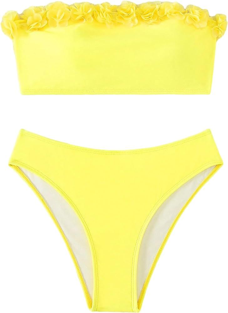 OYOANGLE Women's 2 Piece Appliques Floral Bandeau Bikini Swimsuit Strapless High Cut Bathing Suit | Amazon (US)
