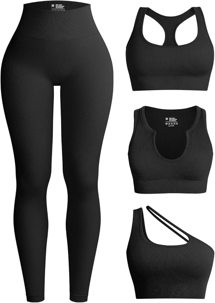 OQQ Womens 4 Piece Workout Outfits Ribbed Yoga High Waist Leggings with 3 Piece Crop Tops with Sp... | Amazon (US)
