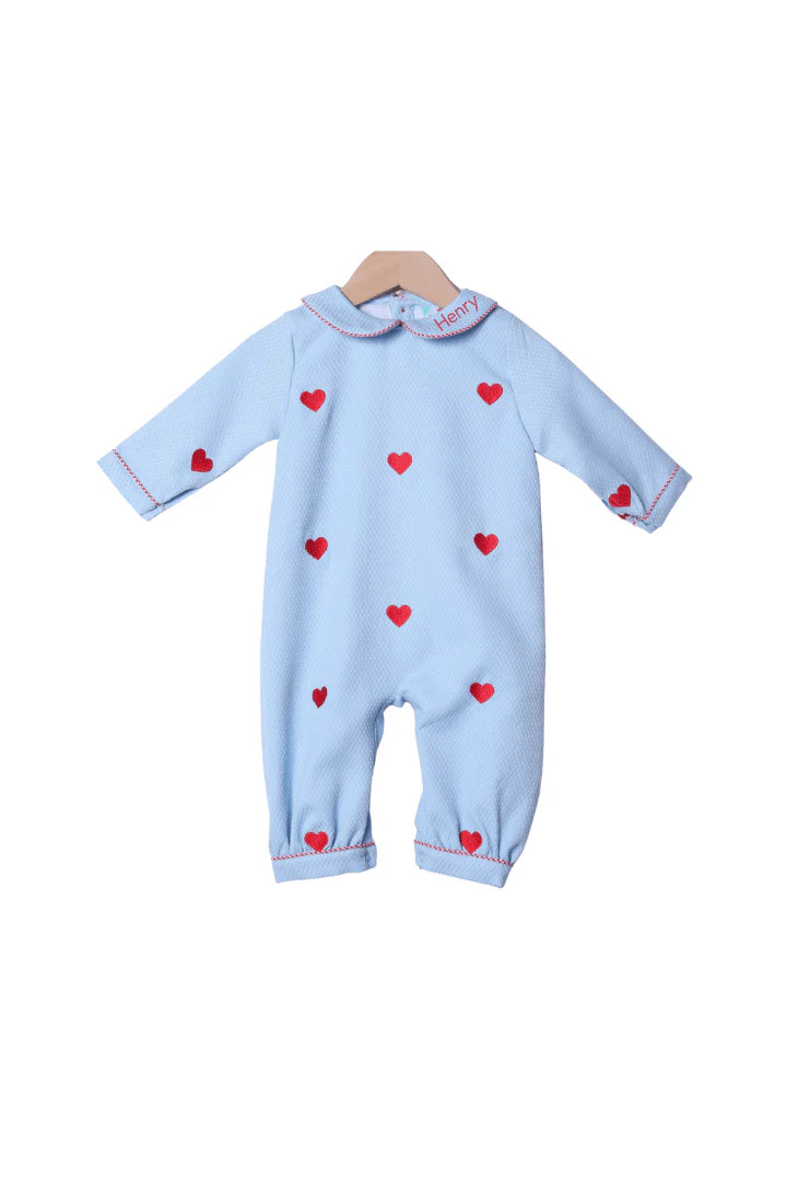 Embroidered Hearts Blue Honeycomb Romper | The Smocked Flamingo