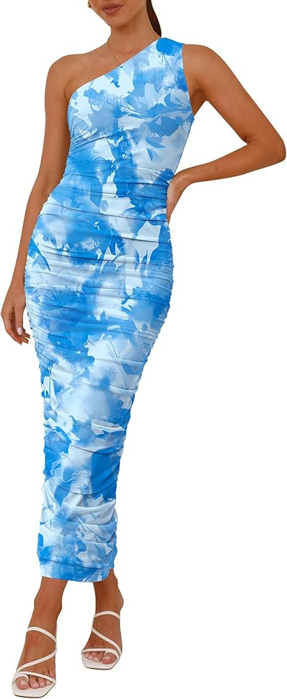 PRETTYGARDEN Women's One Shoulder Bodycon Dress Summer 2025 Printed Ruched Mesh Dress Party Cockt... | Amazon (US)