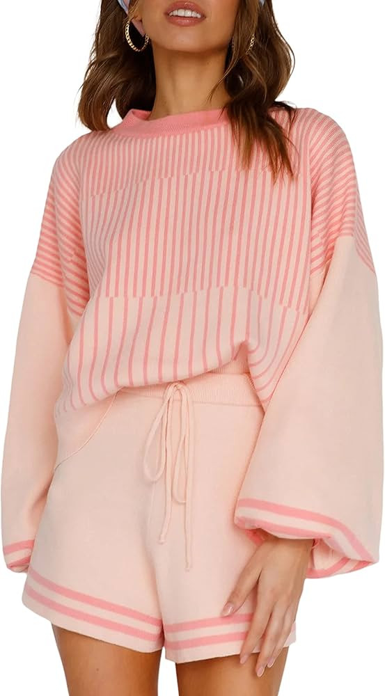 UANEO 2 Piece Outfits for Women Striped Knitted Sweater Pullover Shorts Lounge Set | Amazon (US)