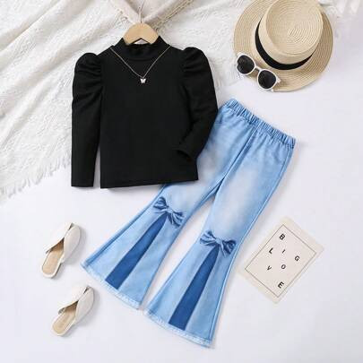 2pcs/Set Young Girl Casual Solid Color Puff Sleeve Top And Flared Sleeve Outfit, Autumn Young Girl Girl Outfit Bluegirls Flare Pants Set | SHEIN
