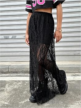 Floerns Girl's Y2k Lace Long Skirt High Waisted See Through Streetwear Goth Maxi Skirt | Amazon (US)