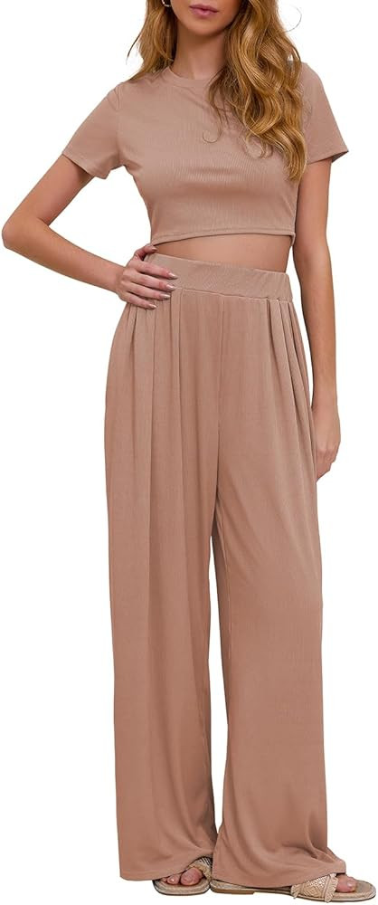 Women's Summer 2 Piece Outfits Short Sleeve Casual Tops and Wide Leg Pants with Pockets Lounge Se... | Amazon (US)