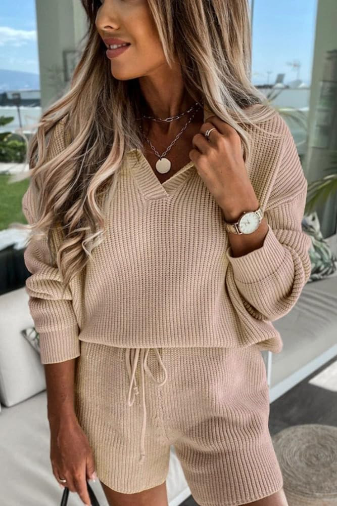 PRETTYGARDEN Women's 2 Piece Outfits 2023 Winter Long Sleeve V Neck Knit Pullover And Shorts Swea... | Amazon (US)