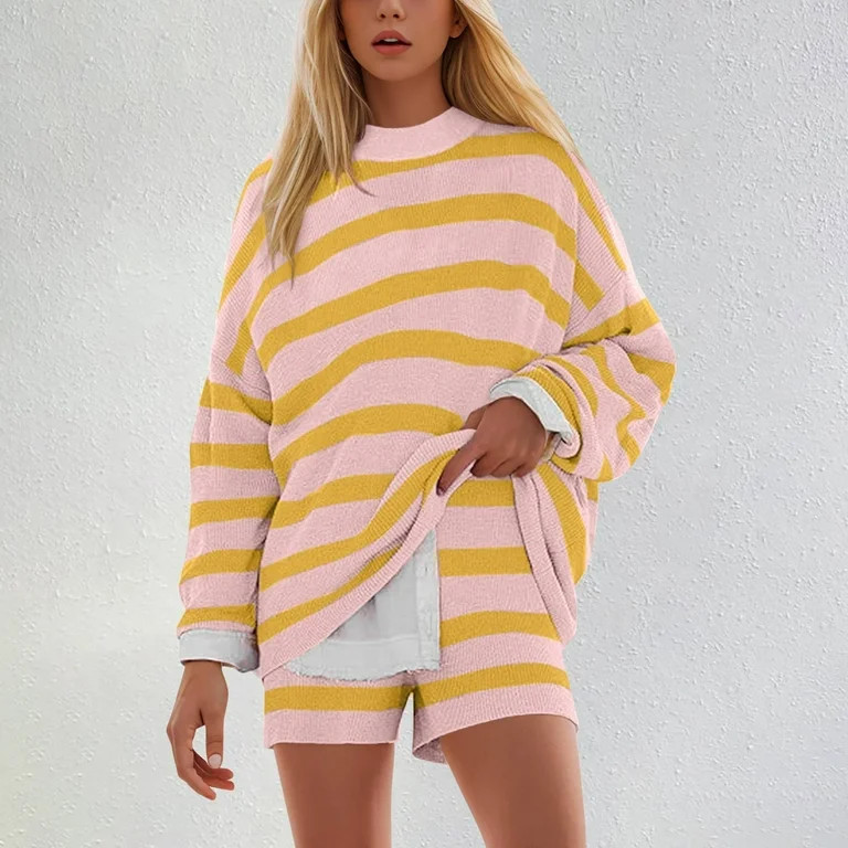 felwors Womens Striped Sweater Set Oversized Lounge Sets Matching Pajamas Long Sleeve Sweater Top... | Walmart (US)