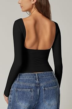 QINSEN Women's Sexy Open Back Long Sleeve Shirts High Neck Double Lined Tees Fitted Going Out Top... | Amazon (US)