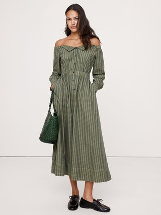 Cotton Poplin Off-The-Shoulder Maxi Shirt Dress | Banana Republic (US)