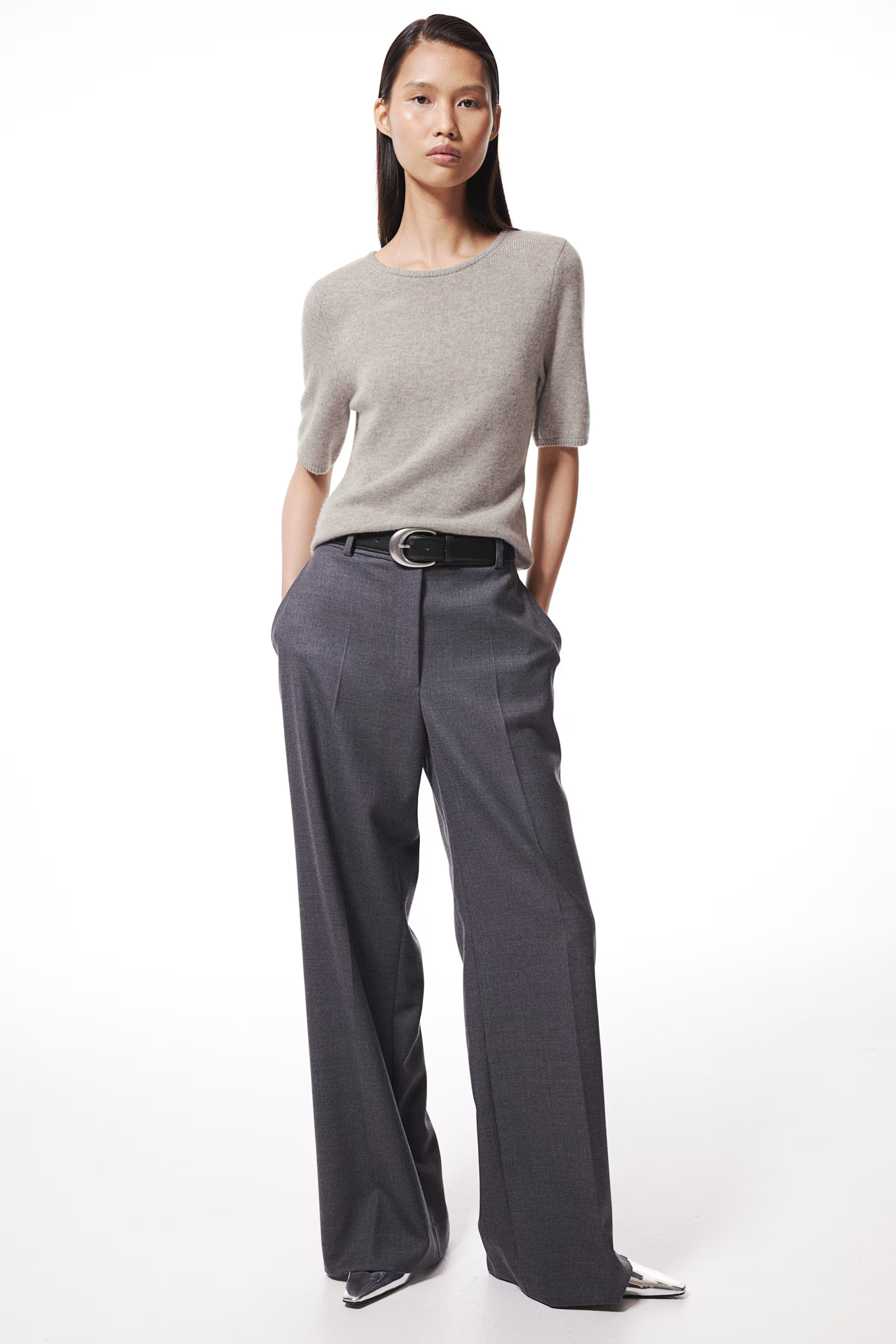 Cashmere T-shirt - Greige marl - Ladies | H&M GB | H&M (UK, MY, IN, SG, PH, TW, HK)