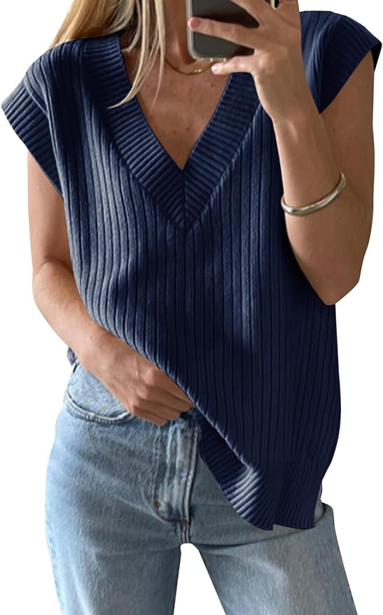 Saodimallsu Womens V Neck Sweater Vest Oversized Ribbed Knit Sleeveless Casual Loose Fit Pullover... | Amazon (US)