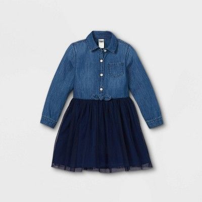 OshKosh B'gosh Toddler Girls' Chambray Tulle Long Sleeve Dress - Navy | Target