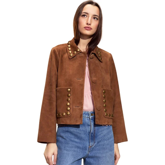 Cynthia Rowley | Studded Suede Cropped Jacket, (Brown, Size Medium) | Maisonette | Maisonette