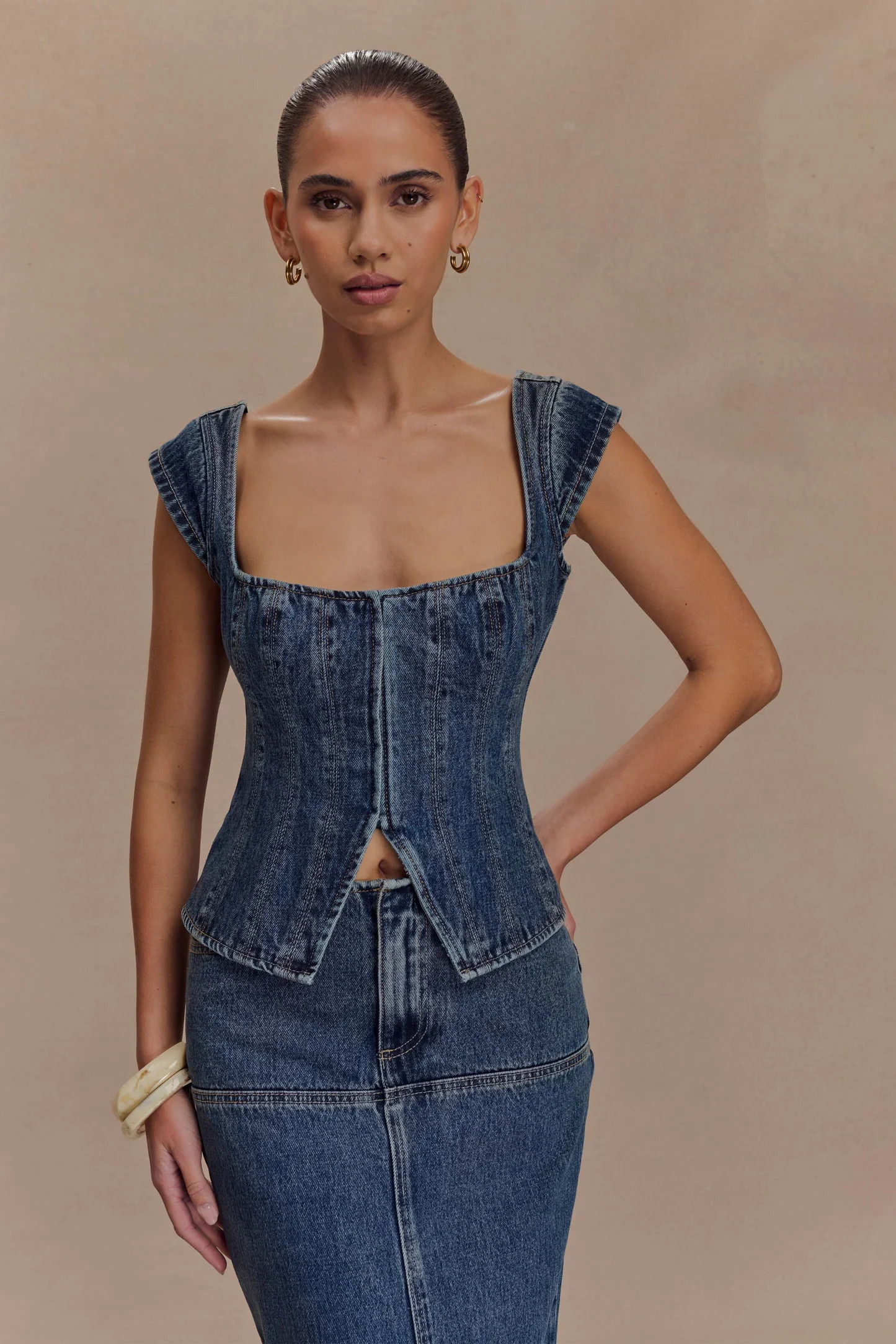 Loretta Cap Sleeve Denim Top - Washed Dark Blue | MESHKI US