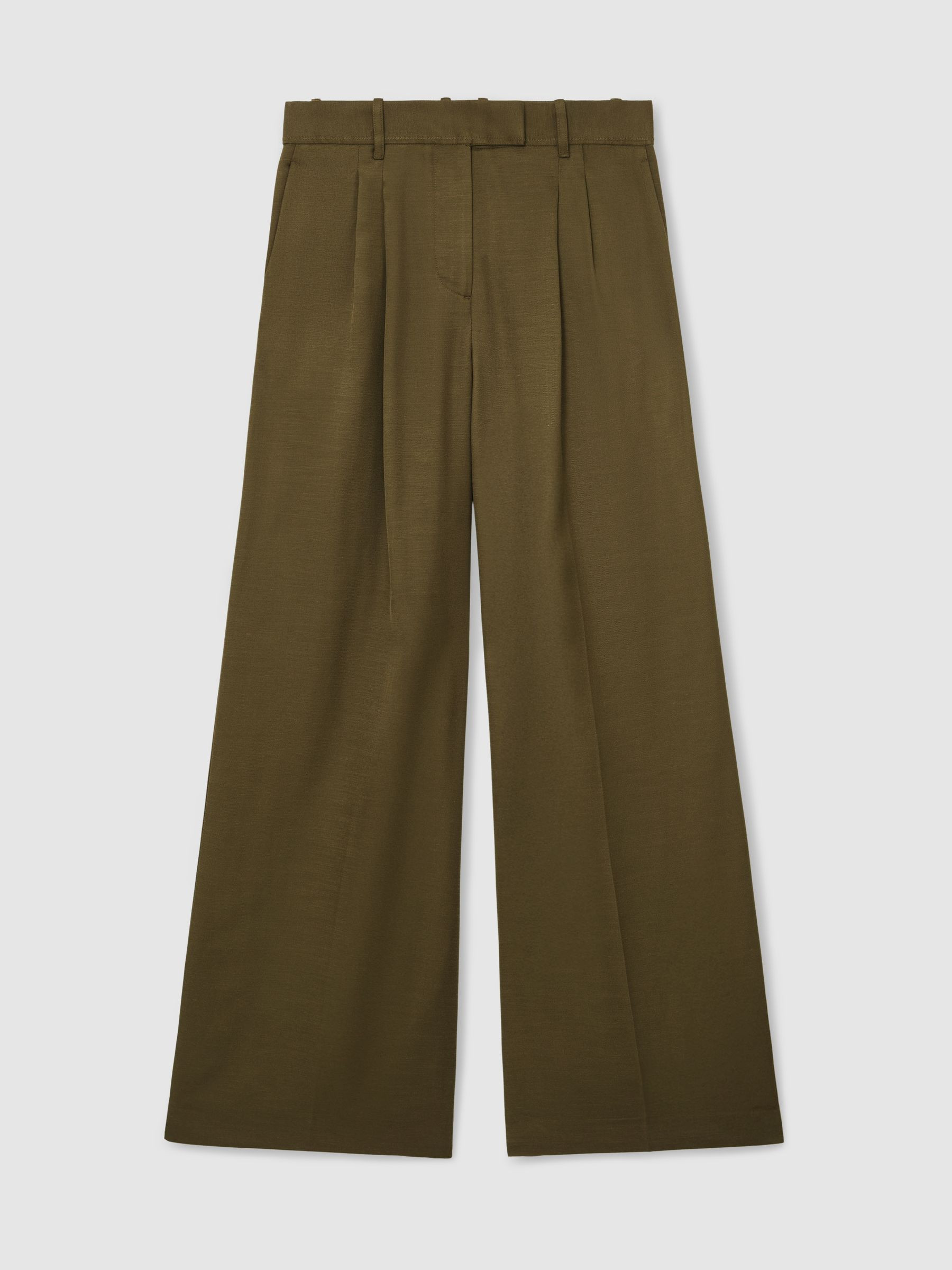 Wide-Leg Pleated Trousers in Khaki Green | Reiss UK