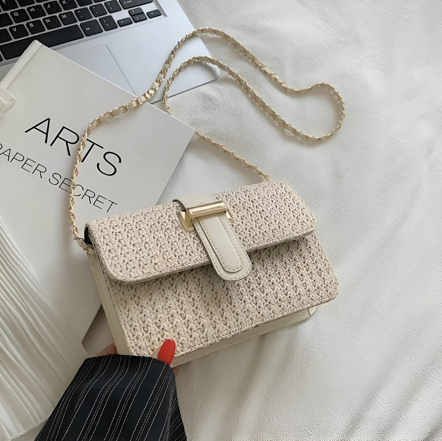 Nesentes Flap Straw Clutch Bag With Chain Strap | Amazon (US)