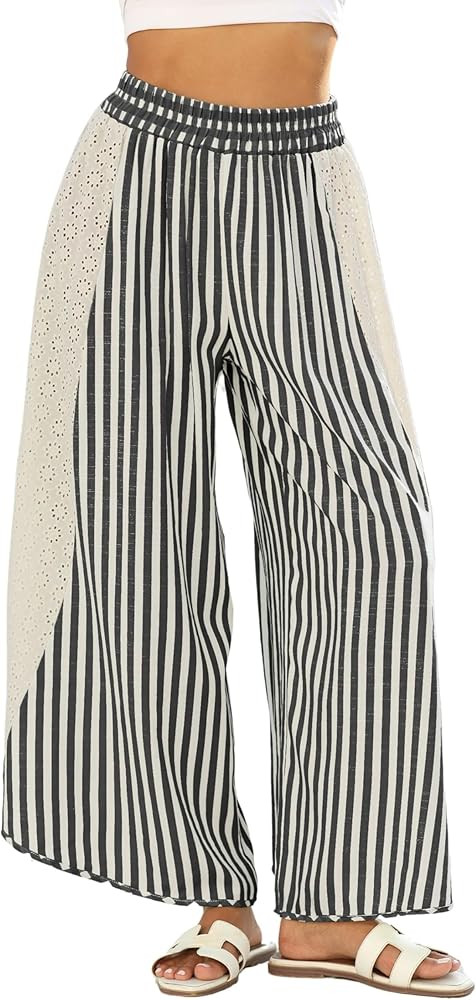 Athlisan Womens Summer Casual Loose Striped Wide Leg Lounge Pants Elastic Waist Palazzo Trousers | Amazon (US)