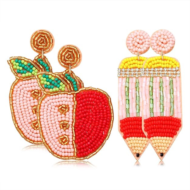 2 Pairs Teacher Earrings for Women Beaded Apple Pencil Drop Dangle Earrings Funny Back To School ... | Amazon (US)