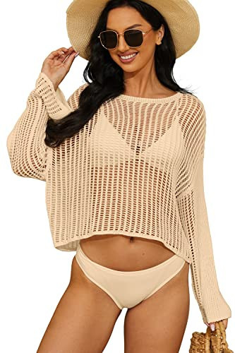 Jumppmile Women's Crochet Cover Up Long Sleeve Bathing Suit Oversized Hollow Out Beach Swimsuit Bikini Cover Up Tops Beige M | Amazon (US)