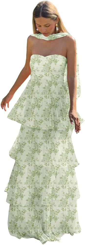 Chiffon Strapless Bridesmaid Dresses for Women Pleated Tiered Formal Prom Evening Dress with Scar... | Amazon (US)