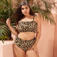 Plus Leopard Ruched Frill Trim Bikini Swimsuit | SHEIN