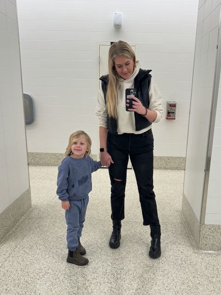 Bathroom selfie pic with some of our go-to winter outfits! My son loves this matching toddler set with smiley faces and reaches for it all the time! He wears his boys Chelsea boots almost daily.

I love being able to throw on a cropped vest and straight jeans with pretty much any top! 

#LTKSeasonal #LTKmidsize #LTKkids