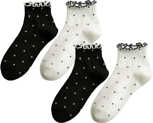 CHUNFO Womens Striped Ruffle Ribbed Crew Frilly Socks Cute Dot Athlete Ankle Cotton Casual Sock Size5-9 | Amazon (US)