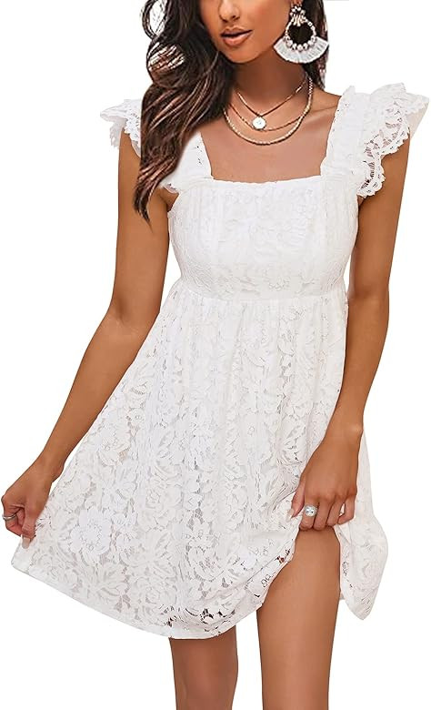 EXLURA Women's Ruffle Strappy Lace Mini Dress Square Neck Empire Waist Sundresses Vintage Elegant... | Amazon (US)
