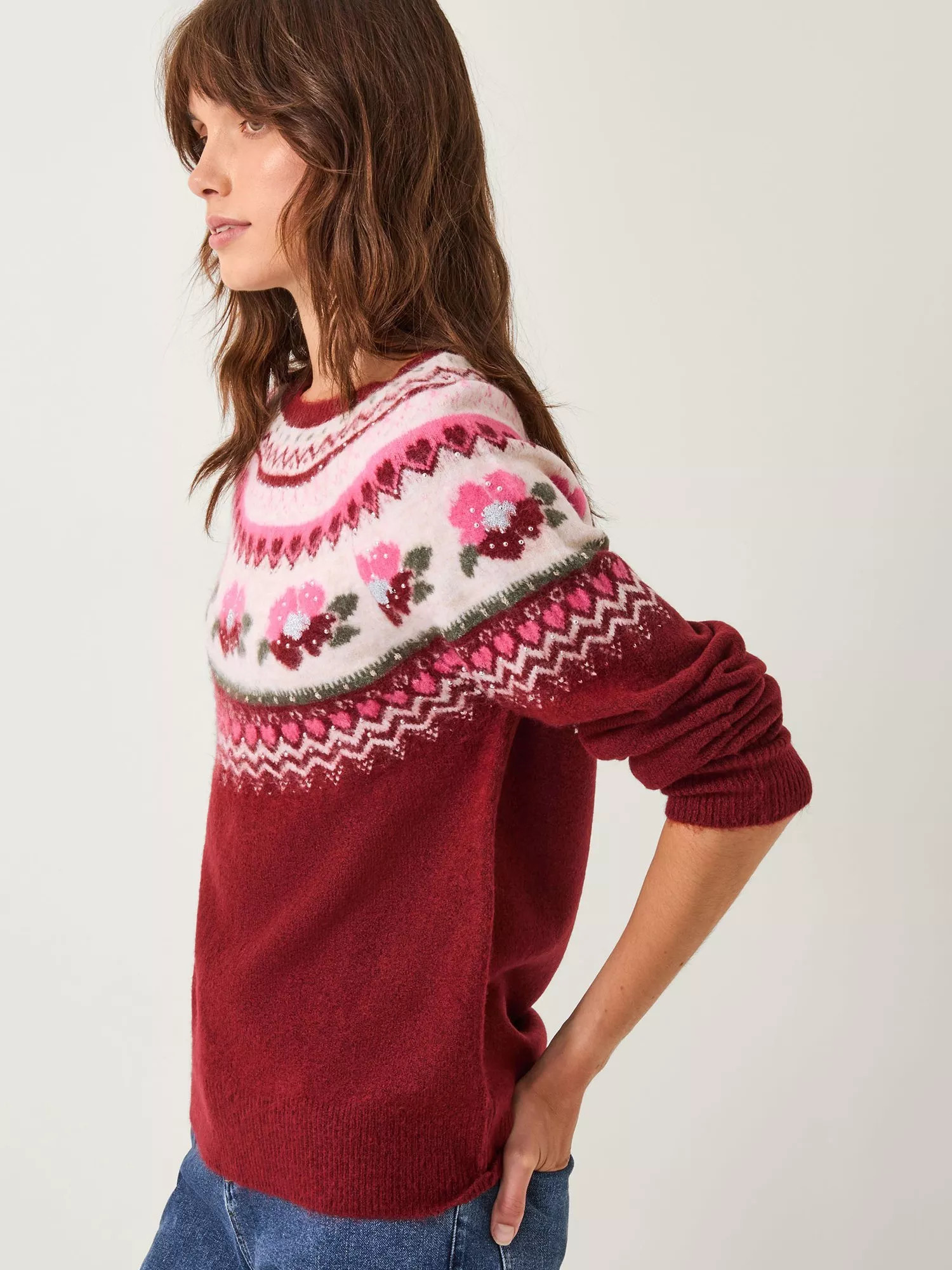 Monsoon Penny Fair Isle Jumper, Cherry | John Lewis (UK)
