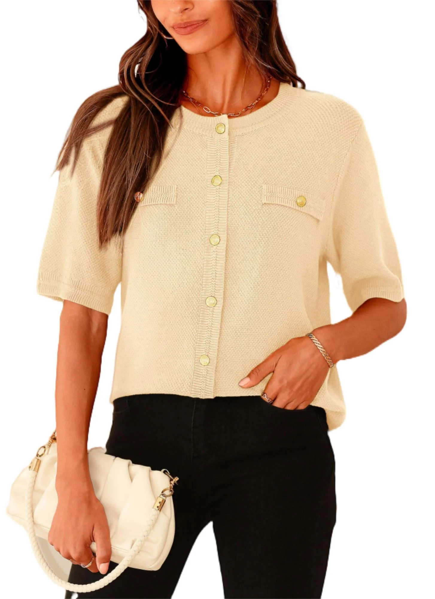 PRETTYGARDEN Women's Summer Button Down Shirts Casual Short Sleeve Crew Neck Ribbed Knit Blouse T... | Walmart (US)