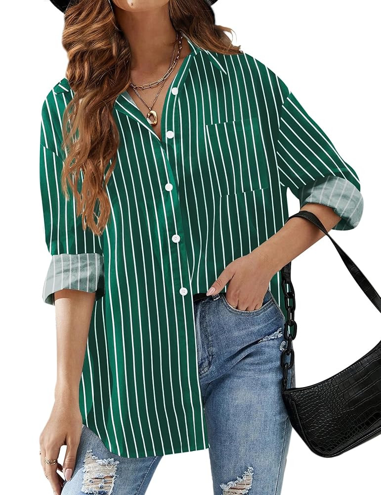 HOTOUCH Women Button Down Striped Shirts Drop Shoulder Blouse Long Sleeve Oversized Shirt with Po... | Amazon (US)
