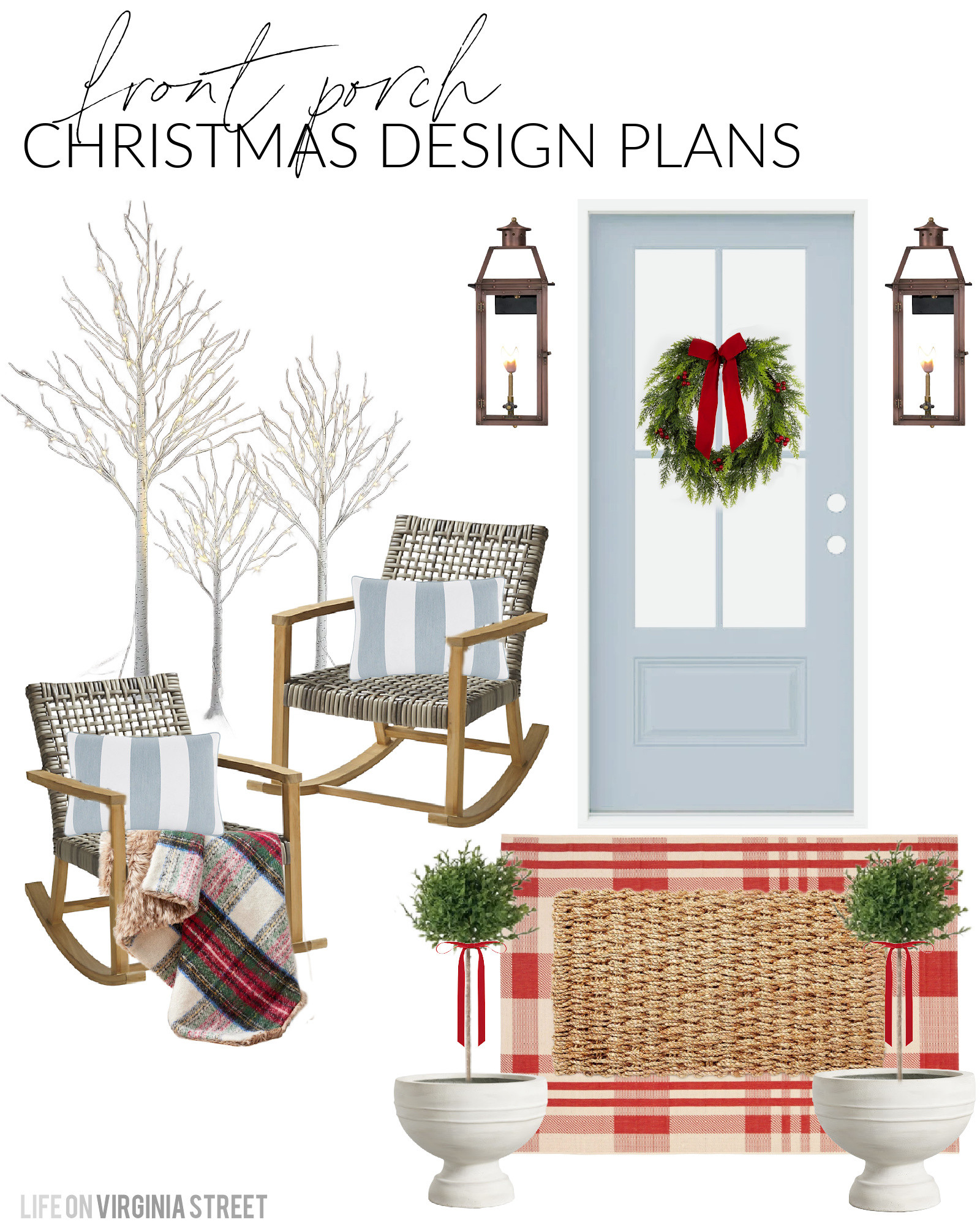 Christmas design plans for our front porch! I plan to decorate our outdoor rocking chairs, gas lanterns, and footed planteres with a red plaid rug layered with a jute rug, rosemary topiary plants, red velvet ribbon, a Christmas wreath with red berries, lit birch trees, blue striped pillows, and a cozy plaid a faux fur throw blanket! See all of our Christmas design plans here: https://lifeonvirginiastreet.com/2024-christmas-design-boards/ #ltkholiday #ltkhome #ltkseasonal #ltksalealert #ltkfindsunder50 #ltkfindsunder100 #ltkstyletip 

 #LTKHoliday #LTKHome #LTKSaleAlert