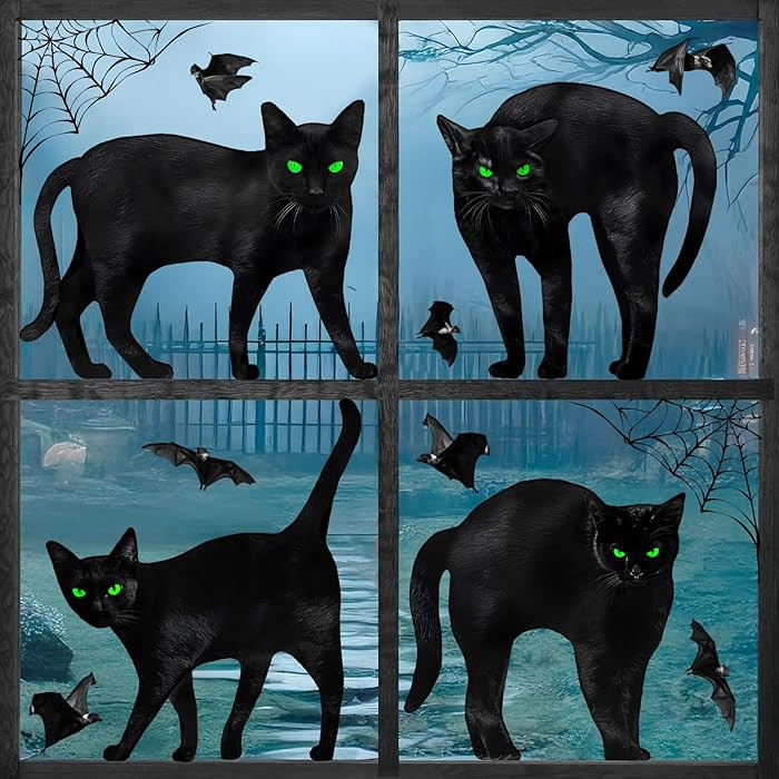 Halloween Window Clings Decor Decorations, 6pcs Large Realistic Black Cat Spiderweb Bats Silhouet... | Amazon (US)