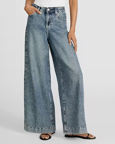 High Waisted Medium Wash Tall Hem Relaxed Wide Leg Jeans | Express