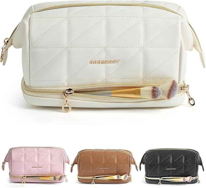 BAGSMART Travel Makeup Bag, PU Leather Waterproof Cosmetic Bags Makeup Bags for Women, Large Capa... | Amazon (US)