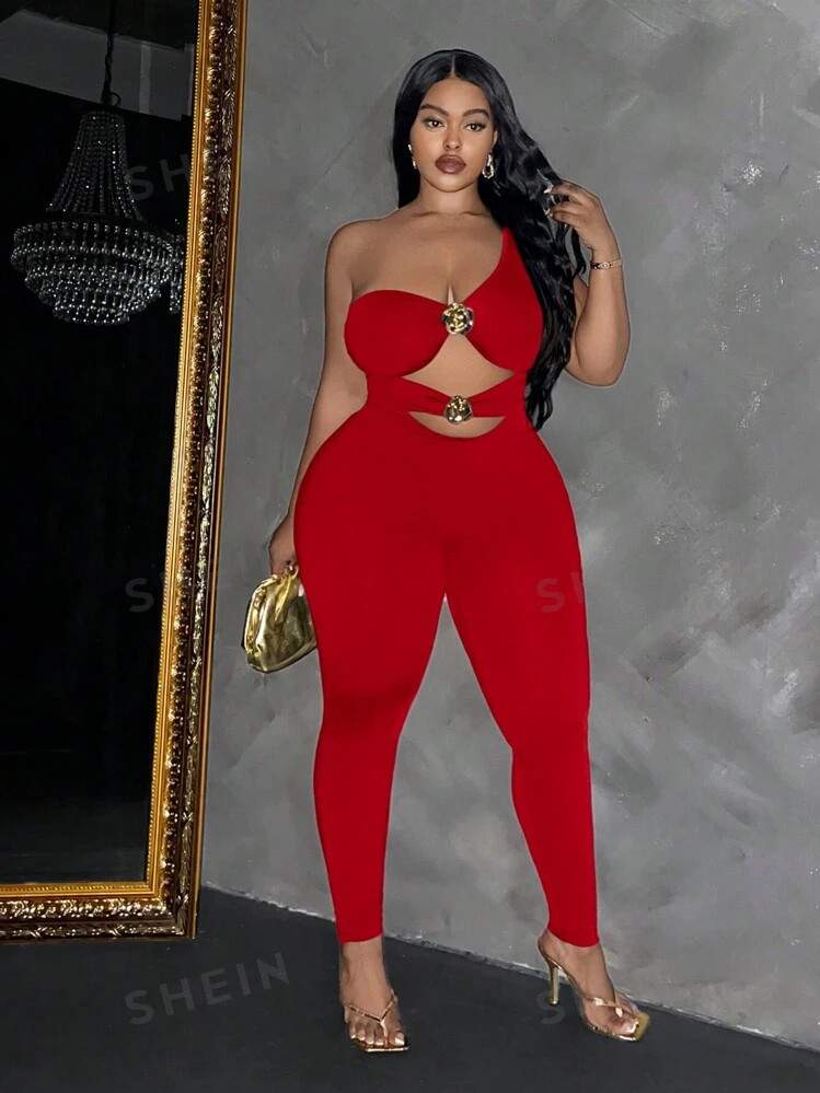 SHEIN Slayr Plus Size Solid Color Hollow Out Jumpsuits, Slim Fit Casual & Stylish For Daily Wear | SHEIN