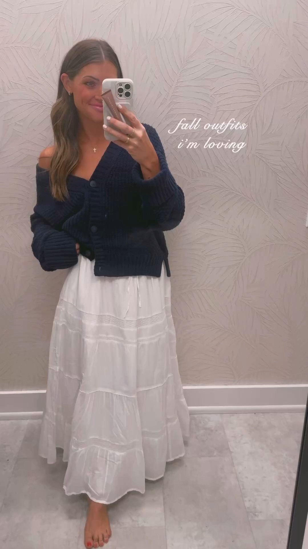 The versatility of these pieces 👏🏻!! WOW. The cardigan doesn’t have the navy online 😭 but the taupe color would also work with ALL of these outfits! I’m going to link similar navy options too. **the EXACT one is the one linked under “exact” products!! Similars are under that section** I LOVE how the flirty floral dress works for workwear too with the sweater over!! It makes it turn into a skirt. Perfect for day to night and to get more wear! I would wear it with tall boots. Sooo many cute outfits for fall trips, fall family photos, fall break, dates, etc. all sizing below:
I’m wearing XS in every item except  went up to a M in the navy cardigan and the skirt is a S (all my store had left) but need XS.. runs a bit big! And the tan short sleeve sweater is also a S. Would prefer XS. I sized down from my normal 2/26 in their jeans to a 0/25 only because it was the last pair left and I DIED when I saw them. I hadddd to have them!! The 25 is fine but a little snug.. I think I’d prefer my usual size so I say order true to size. 