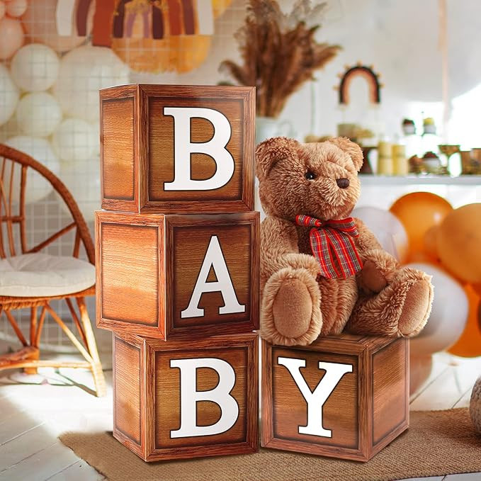 RUBFAC 4pcs Baby Shower Decoration Box, Brown Baby Box with Letters Woodland and Teddy Bear Decor... | Amazon (US)