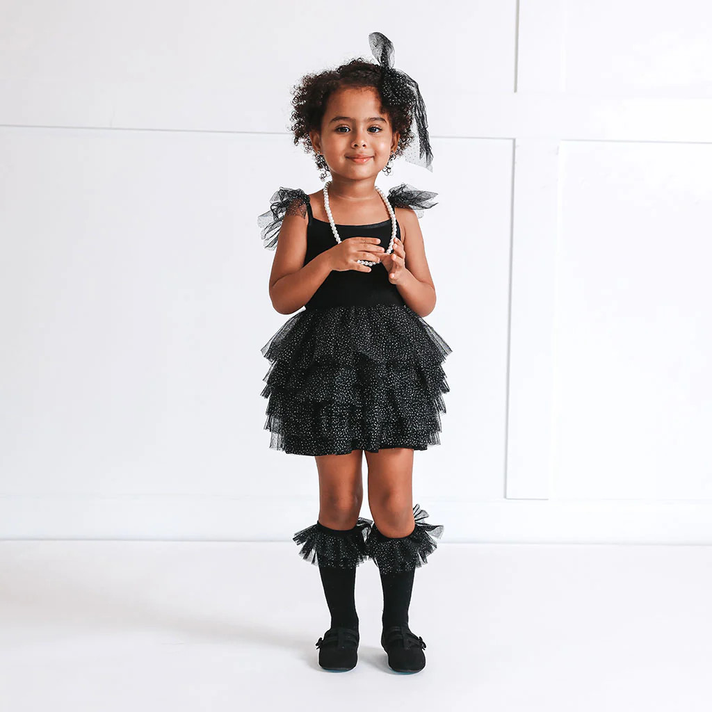 Solid Tulle Black Ruffled Smocked Girl Tulle Dress | Black Ribbed | Posh Peanut