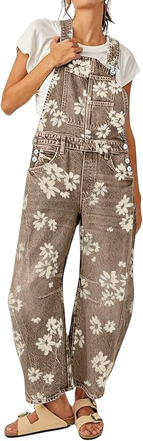 Women Floral Print Denim Overalls Baggy Barrel Jeans Patchwork Denim Pants Y2k Straps Wide Leg Ju... | Amazon (US)
