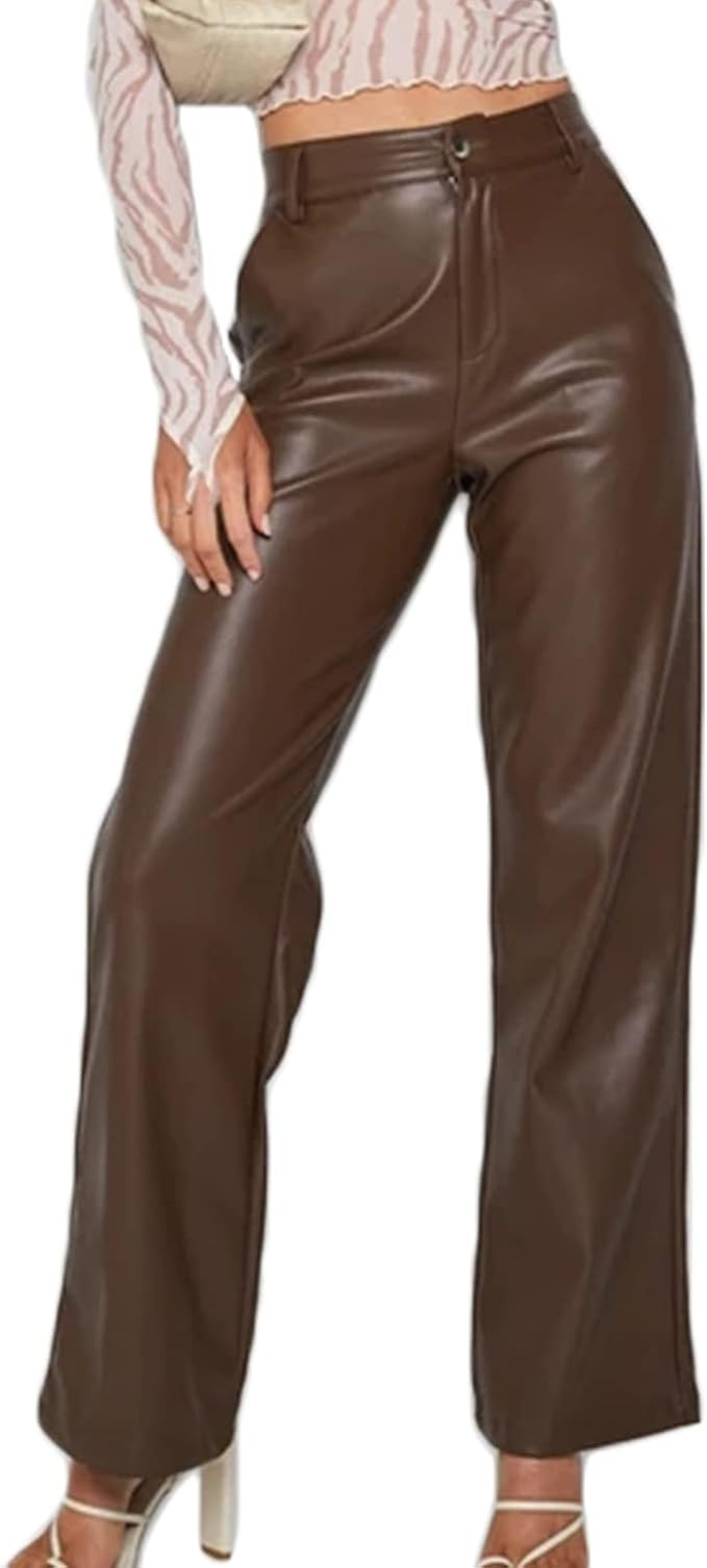 Faux Leather Pants for Women Solid Color High Waist Straight Leg Trousers Vintage 90s Streetwear ... | Amazon (US)