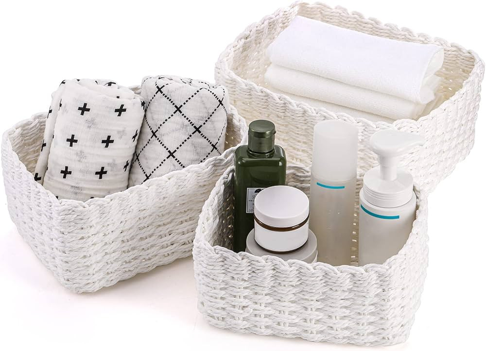 Coloch Set of 3 Paper Rope Woven Storage Basket, Recyclable Makeup Organizer Bin Stackable Nestin... | Amazon (US)