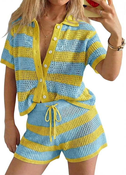 Tankaneo Womens Crochet Swimsuit Coverup Summer 2 Piece Short Sets Striped Knit Short Sleeve Butt... | Amazon (US)