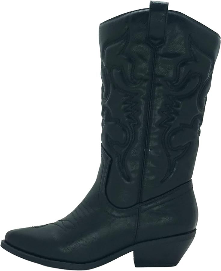 Soda Women Cowgirl Cowboy Western Stitched Boots Pointy Toe Knee High Reno-S (Black, numeric_9) | Amazon (US)